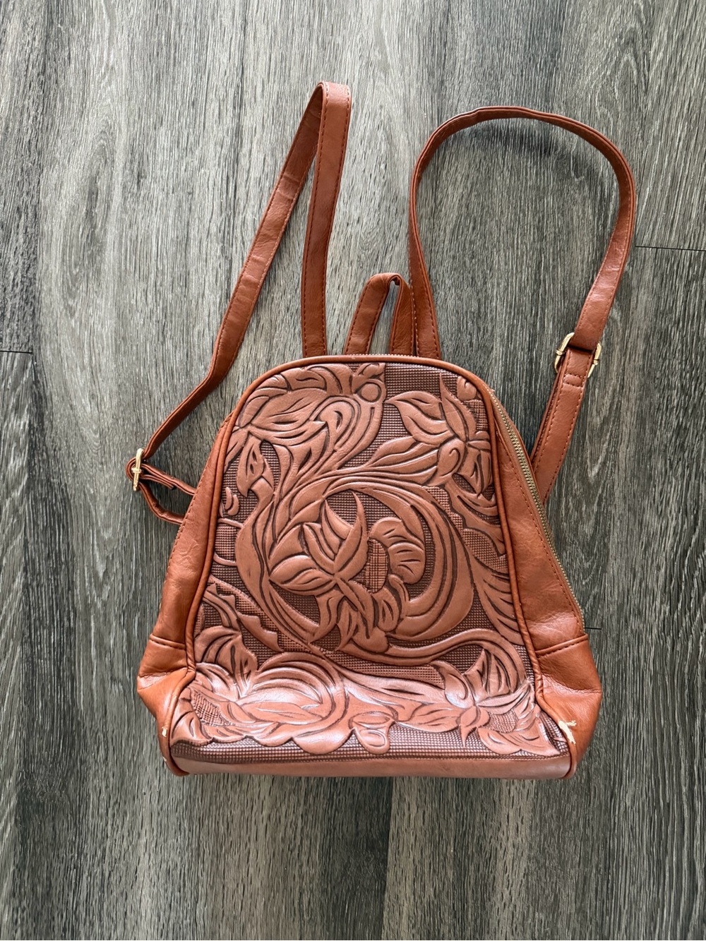 Brown Tooled Faux Leather Backpack Purse - Women